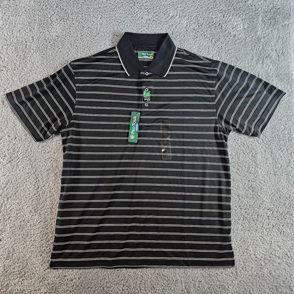 Pro Tour Shirt Mens XL Black Striped Polo Cool Play Stretch Golf Performance NEW